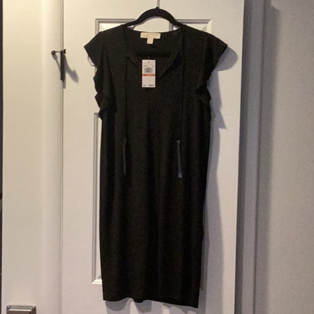 Michael Kors Black Sheath Midi Dress V-Neck Cap Sleeve